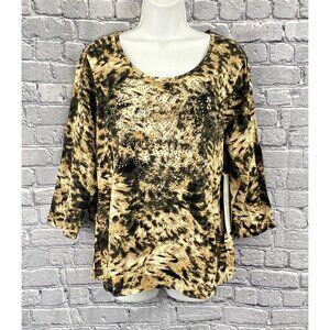 Onque Casuals Womens Animal Print Top XL 3/4 Sleeve Rhinestone Embellished Cotto